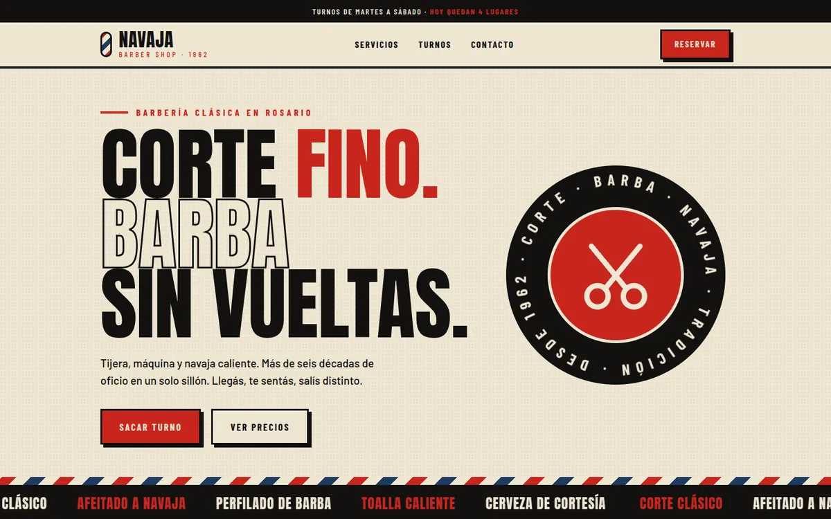 Vista de escritorio de la web demo de Navaja 1962, barbería clásica