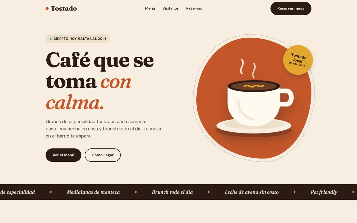 Vista de escritorio de la web demo de Tostado, café de especialidad