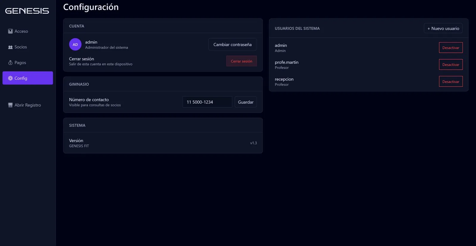 Pantalla de configuración: cuenta, datos del gimnasio y usuarios del sistema